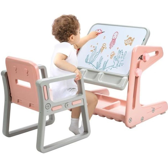 DREAMADE Tableau de Dessin Magnétique avec Chaise pour Enfants, Ensemble de Table à Dessin Hauteur Réglable Inclinable 0°-90°, Rosé