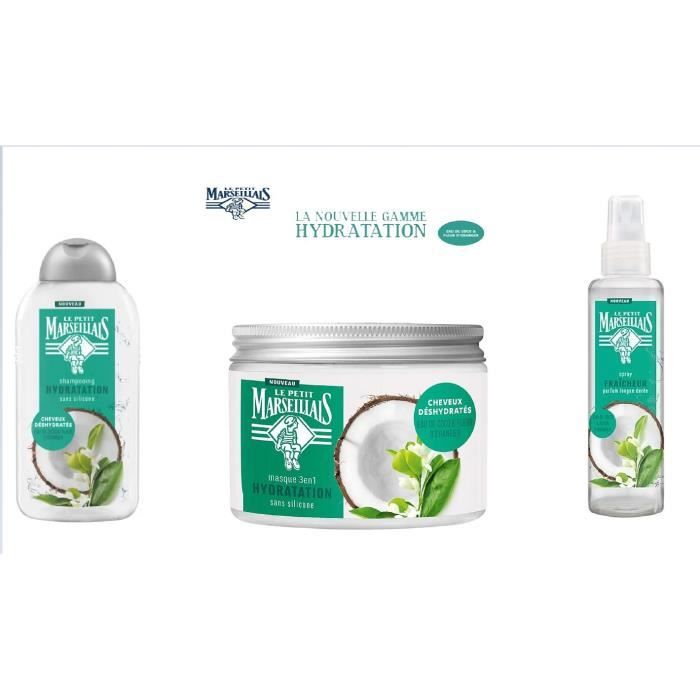 LE PETIT MARSEILLAIS Routine Capillaire Eau de Coco & Fleur D'Oranger Shampooing, Masque et Spray Fraicheur Sans Rinçage