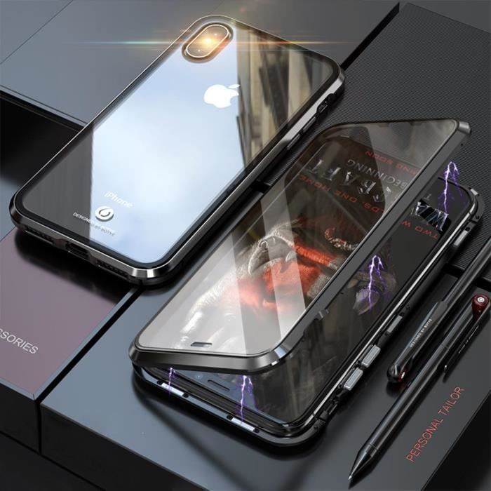 iPhone XS MAX Coque Cadre en Métal Adsorption Magnétique Avant et Arrière Verre Trempé Housse Protection 360° étui - Noir