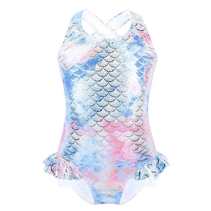 Enfant Fille Maillot de Bain Une Pièce Sirène Écaille Brillant Haut de Bain Sans Manches Body de Sport Tenue de Plage 2-12 Ans