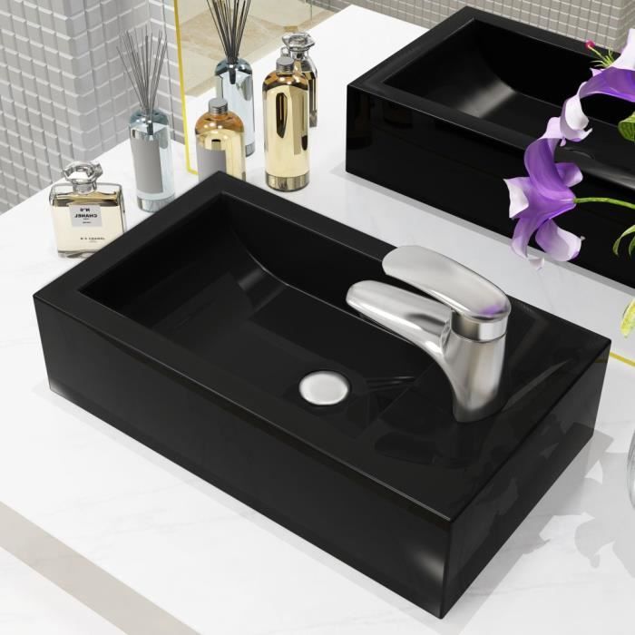 Luxueux Magnifique-Vasque avec trou Vasque à trou Vasque à Poser de robinet Céramique Noir 46 x 25,5 x 12 cm