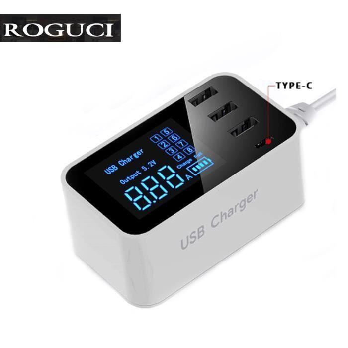 4 ports Chargeur USB Type C avec affichage LCD Base de chargement compatible avec iPhone, iPad, Samsung et autres Smartphones