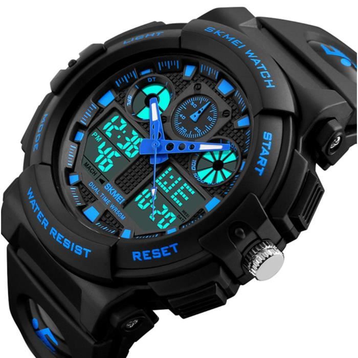 Montre Sport Homme LED double affichage noir bleu