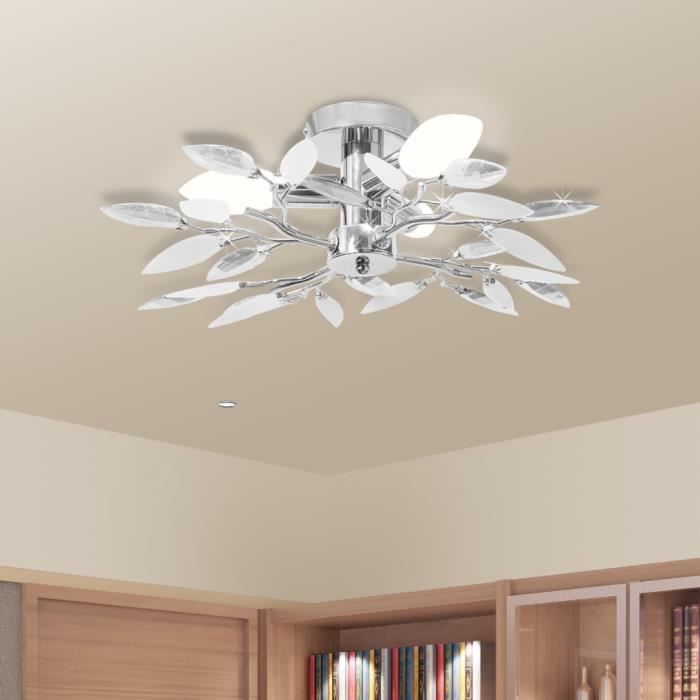 3x Plafonnier à 4 branches de feuilles Blanc et transparent Design moderne pour salon ou chambre d'atmosphère agréable