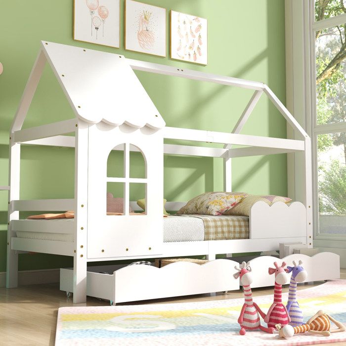 lit d wei tiroir, lit d'enfant en bois massif avec fenêtre antichute et cadre à lattes, blanc 200x90
