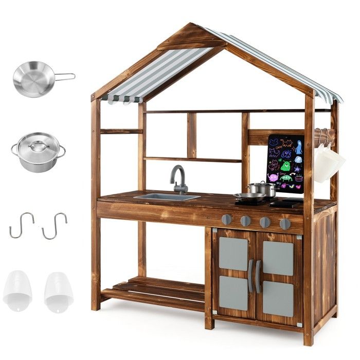 Cuisine Enfant en Bois Extérieure - DREAMADE – Auvent - Tableau Noir – Poêles - Evier Amovible - Robinet - Boutons Rotatifs