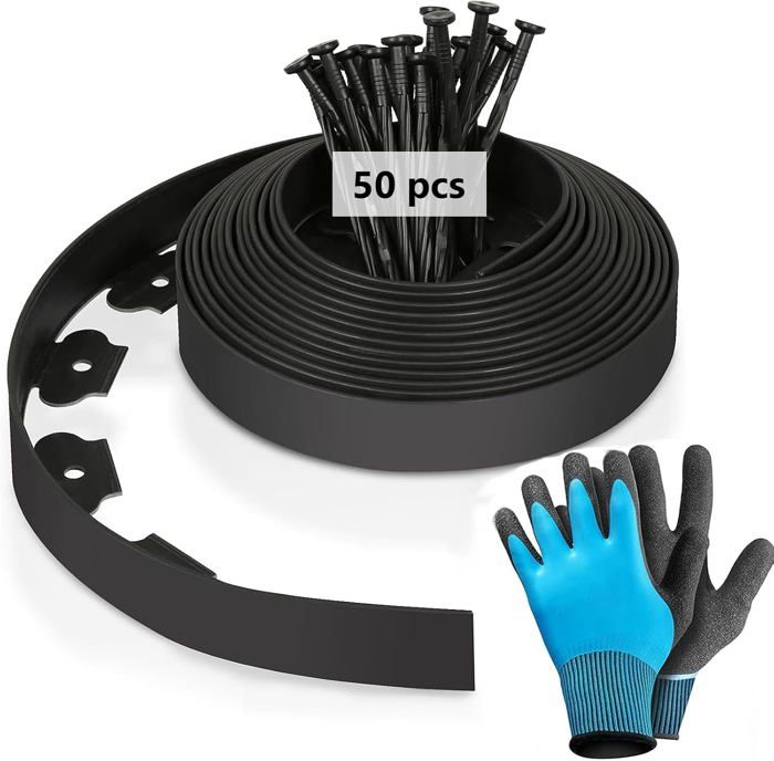 Bordure Jardin Plastique 10m Flexible - Hauteur 5cm - Avec Gants Et 50 Ongles - Noir