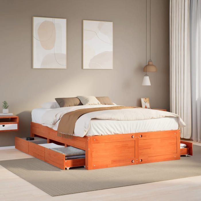 vidaXL Cadre de lit sans matelas avec tiroirs brun cire 150x200 cm pin meuble de chambre à coucher lit double sommier 3308803