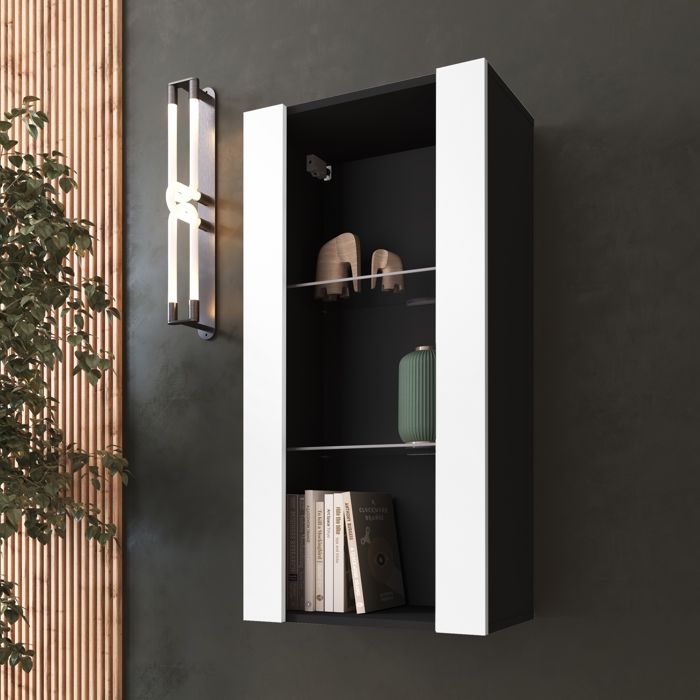 Vitrine Suspendue Komodee TIVOLI - sans LED - Blanc et Noir - Facades en Mat - 50 x 100 x 29 cm