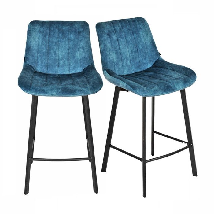 Lot 2 tabourets de bar velours bleu canard pieds métal noir – NANY 2 Meubletmoi Lot 2 tabourets de bar velours bleu canard pieds métal noir – NANY 2 Meubletmoi