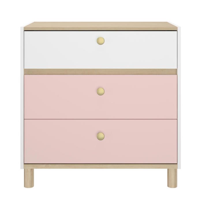 Commode 3 tiroirs blanc effet bois chêne clair et poignée dorée Commode 3 tiroirs blanc effet bois chêne clair et poignée dorée