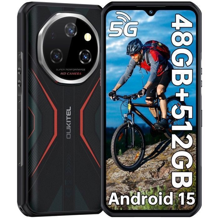 OUKITEL Smartphone Robuste 5G  WP55 Pro 48Go+512Go 6.6FHD+ 120Hz 11000mAh 108MP T&eacute;l&eacute;phone Incassable Android 15 Dual SIM/NFC Orange 