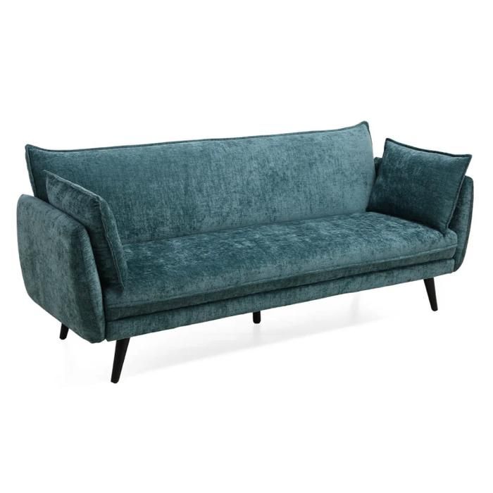 Canapé convertible en tissu doux bleu canard et pieds en bois - HUGUES Meubletmoi Canapé convertible en tissu doux bleu canard et pieds en bois - HUGUES Meubletmoi