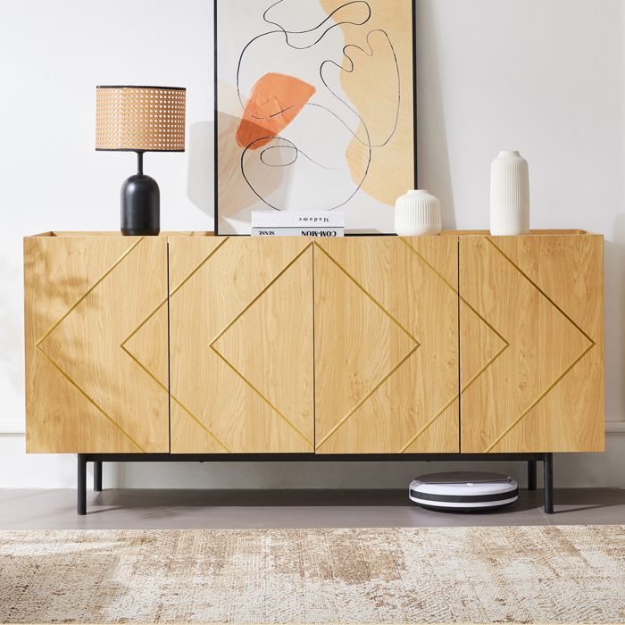 Buffet bas 160×40×78 cm avec 4 portes Buffet salon avec incrustations métalliques Buffet de cuisine en naturel Bois naturel