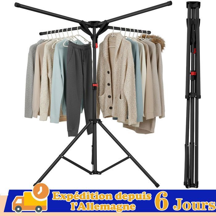 Portant à Vêtements 4 bras rétractables pliable Charge Max.80 kg pour les balcons les salles de bains les buanderies Noir