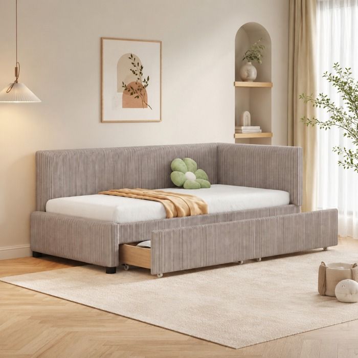 Lit coffre 90x200 cm en velours gris style mid-century tête rembourrée réversible et 2 tiroirs