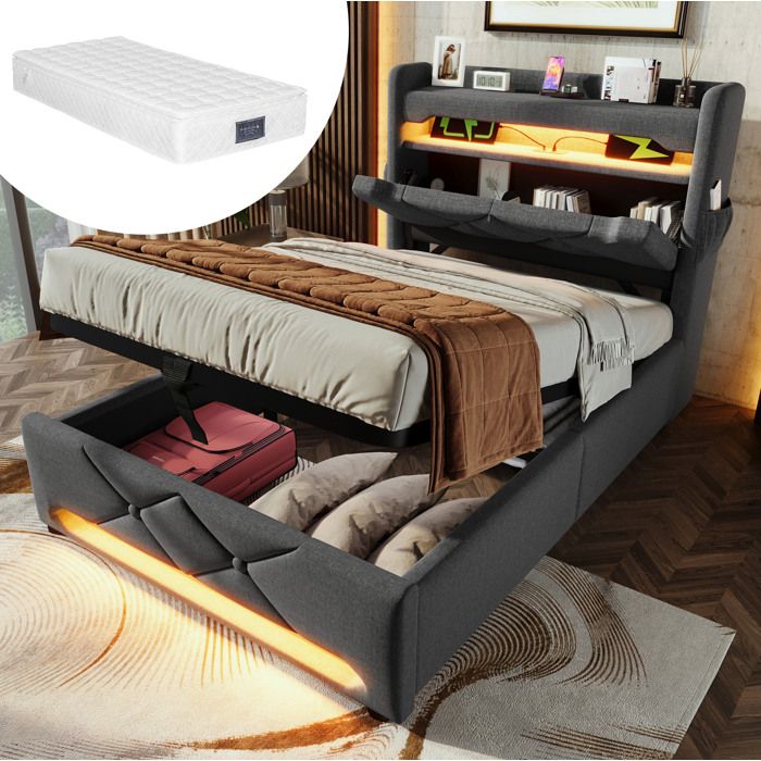 Lit coffre 1 place 90 x 200 cm EVRYAE avec matelas tête de lit rangement USB et USB-C LED gris