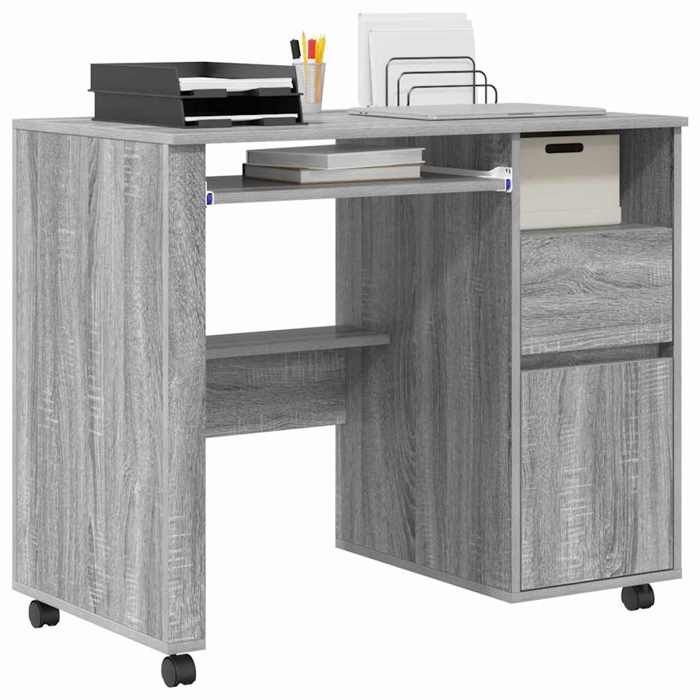 Bureau sur roulettes - CLARENCE - Gris Sonoma - 91x50x77 cm - Bois dingénierie - Avec tiroir - Avec étagère - 4 roues