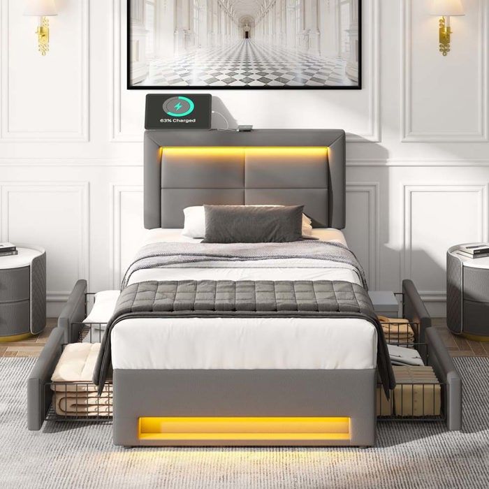 Lit coffre - Structure 90 x 190 cm - Ports USB‑C et recharge sans fil - Éclairage LED 12 couleurs - 4 tiroirs