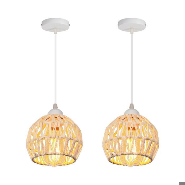 WOTTES Lot de 2 Suspensions Luminaires Vintage Lustre Industriel en Rotin Blanc et Métal Blanc Ø16cm Abat-jour Éclairage Cuisine