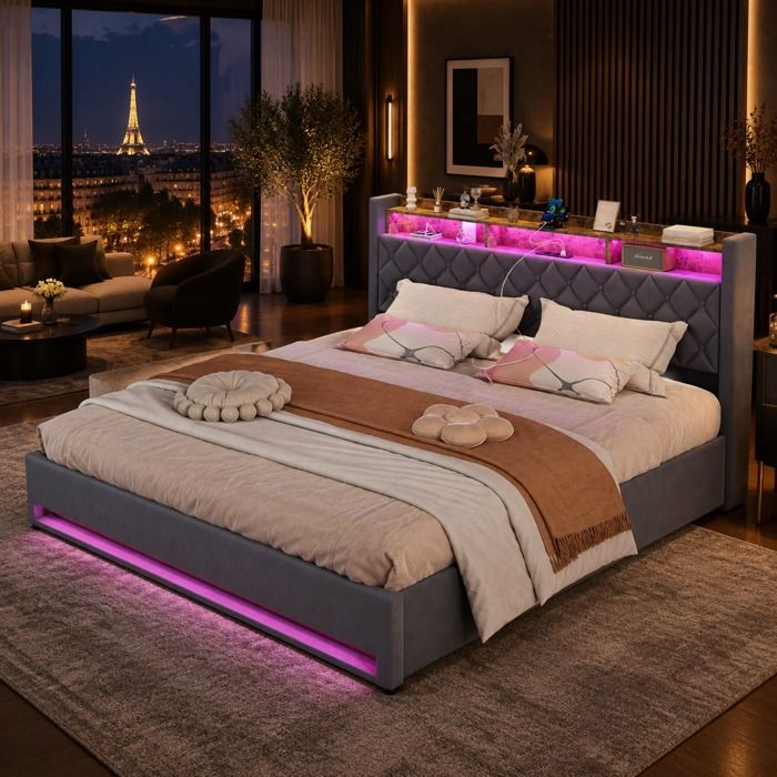 Lit coffre 180 x 200 cm EVRYAE - LED port USB et 2 prises sommier relevable avec rangement - Velours - Gris