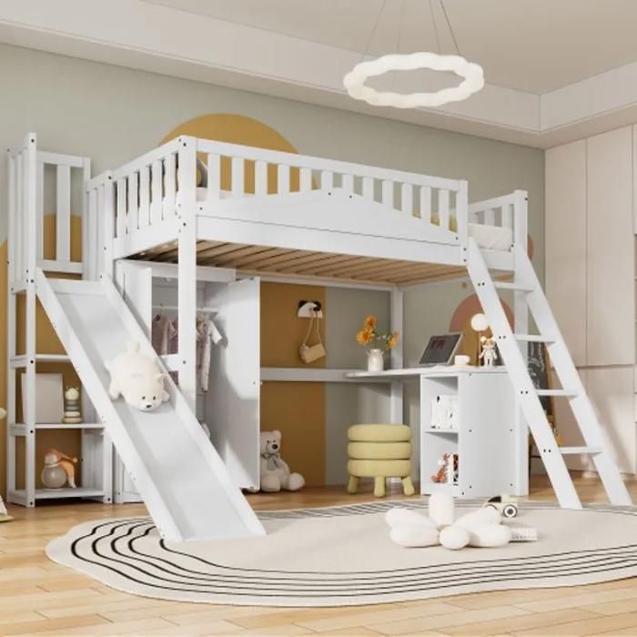 Lit mezzanine pour enfant 90 x 200 cm avec toboggan barrière de sécurité bureau et armoire Lit pour adolescent en bois massif blanc