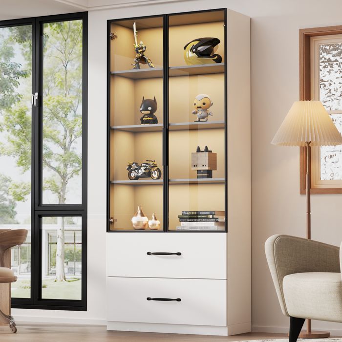 Vitrine LED 60x40x160 cm Armoire Rangement Multifonction avec Éclairage LED 2 Tiroirs 2 Portes Vitrées - Cadre Aluminium - Blanc