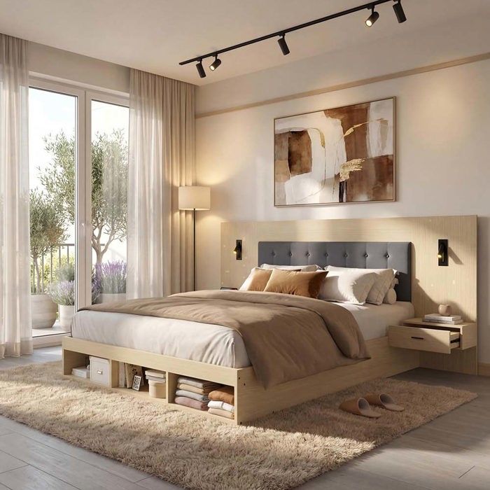 Lit double - Chêne clair - 180x200 cm - Rangement avec tiroirs - Ports USB & Type-C modulables - Spots 360°