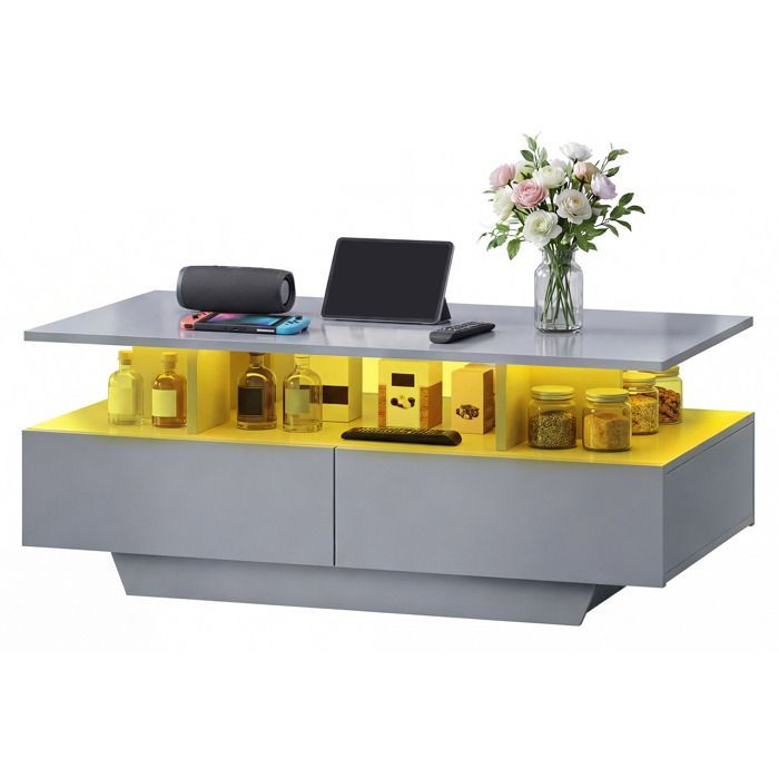 BALCONERA Table basse grise avec éclairage LED 16 couleurs - 4 tiroirs extensibles - 90 x 55 x 412 cm