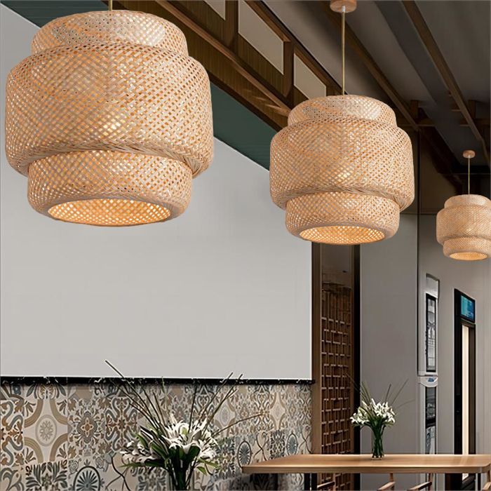 WOTTES Lustre Suspension Luminaire Suspension Bambou Rotin Naturel Ø35*38cm 3PCS pour Chambre Salle à Manger Cuisine