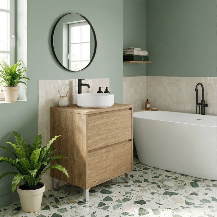 Meuble vasque à poser L.60cm sur pied 2 tiroirs Chêne naturel LISBONA - sans colonne Meuble vasque à poser L.60cm sur pied 2 tiroirs Chêne naturel LISBONA - sans colonne