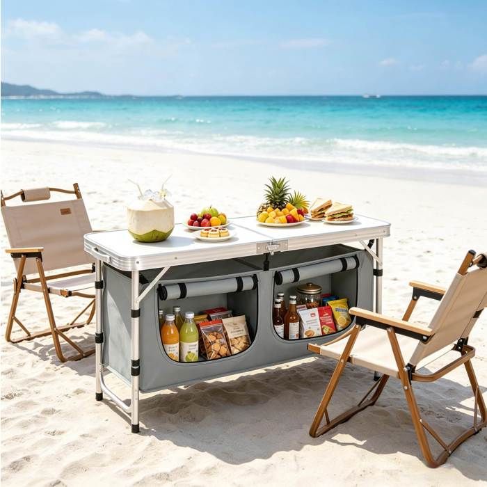 Praktischer Picknick- und Gartentisch mit klappbaren Beinen und hängender Lagerungstasche für Outdoor-Einsätze