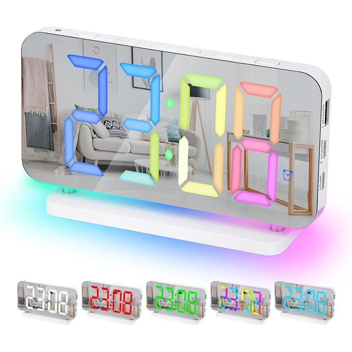 Réveil Horloge numérique LED 7 4 reveil Miroir avec Affichage de heure 11 Couleurs veilleuse RVB 10 Blanc REVEIL A REMONTER