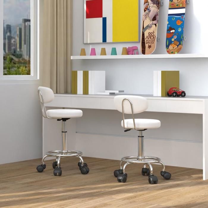 YIYI. LOT DE 2 - TABOURET DE BUREAU AVEC DOSSIER - ROTATIF À 360° - CUIR PU - 34*34*69-83 5 CM - BLANC