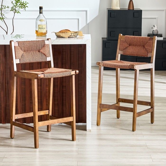 CollaHausse Lot de 2 Tabourets de Bar Tressé Bois Massif et Corde Tressée à la Main Style Rustique Noyer