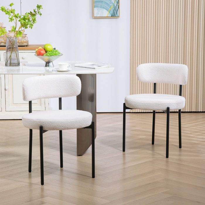 Chaise de salle à manger rembourrée - Lot de 2 - Revêtement effet polaire - Pieds métal thermolaqué - Blanc crème