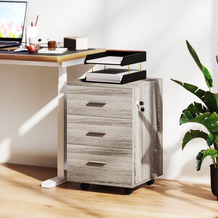 Caisson de bureau mobile à roulettes - 3 tiroirs - Gris - Serrure avec 2 clés - 4 roulettes Ø4 cm (2 freinées)