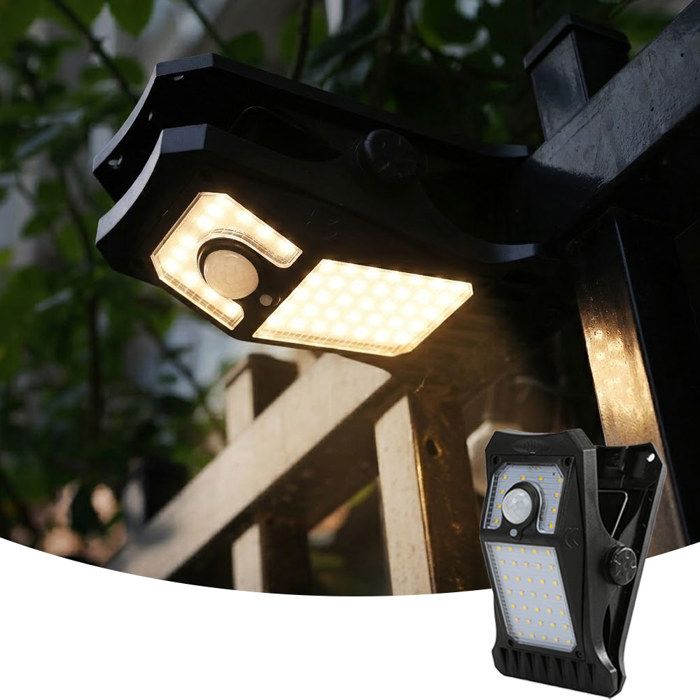 1 Pack Lampe solaire extérieure à pince avec Détecteur de Mouvement Projecteur Solaire Sans Fil pour Jardin Garage lumière chaude