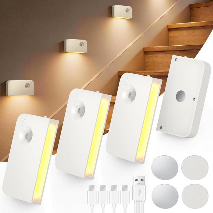 Lot de 4 lampes descalier LED avec détecteur de mouvement rechargeable par USB 3 couleurs intensité variable LAMPE A POSER