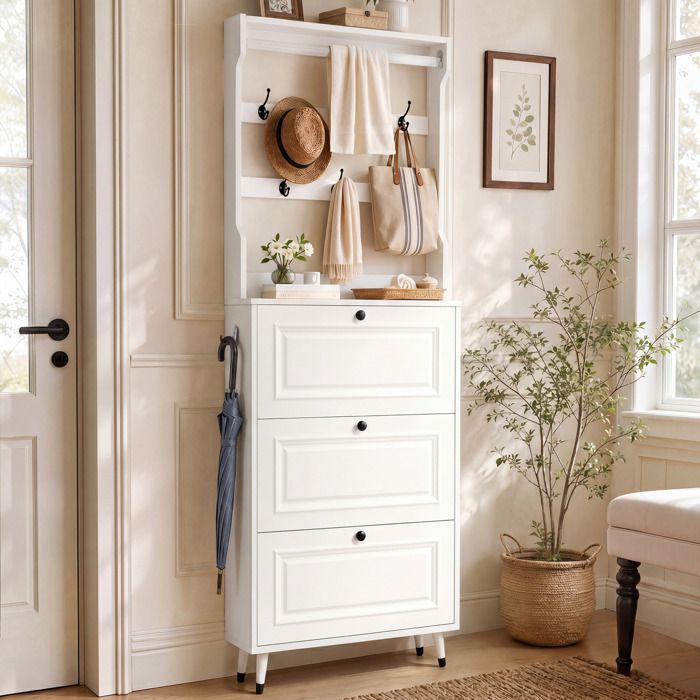 Meuble d’entrée blanc avec penderie et armoire à chaussures 3 portes abattantes 66 x 17 x 180 cm