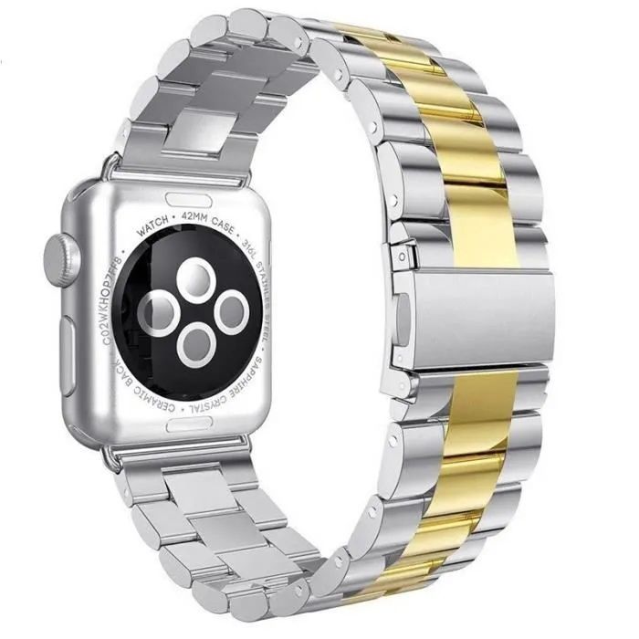 Bracelet de montre connectée à trois maillons en acier inoxydable pour Apple Watch 42/44/45/49/46 mm (génération S10) - Argent/Or