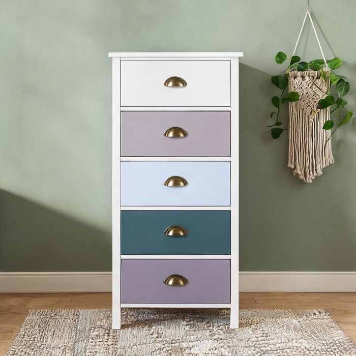 Chiffonnier 5 tiroirs multicolore en MDF 45x30x95 4 cm style classique poignées coquille