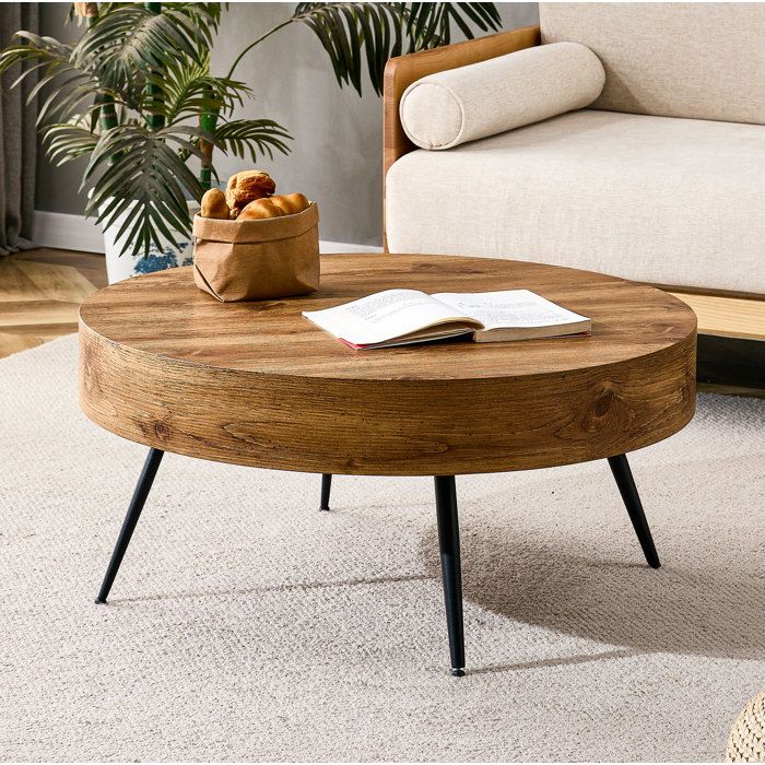 VUENOR Table basse ronde 70 cm décor bois MDF et métal noir style scandinave