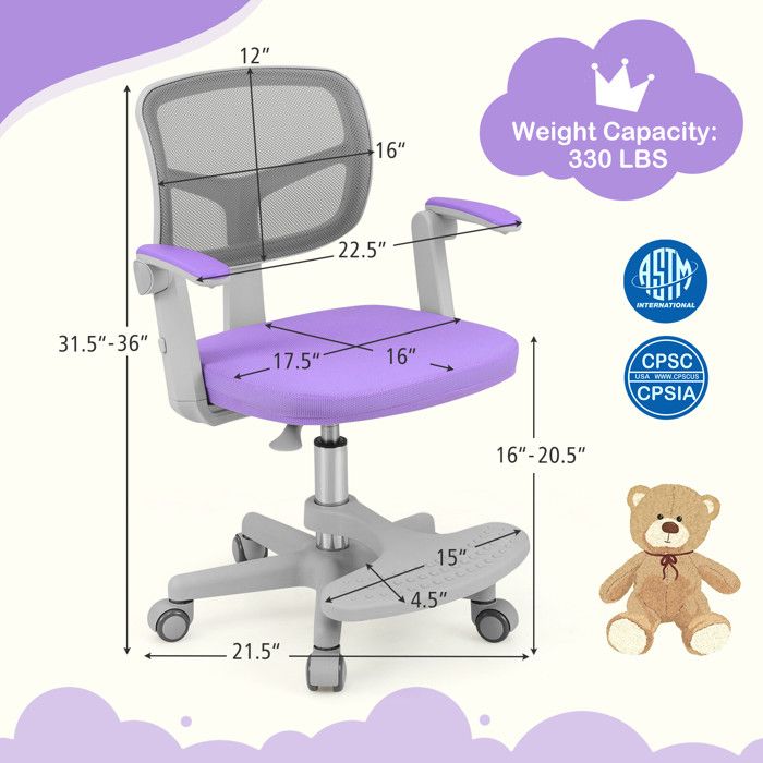 Chaise de bureau enfant réglable en hauteur siège détude pivotant avec accoudoirs et repose-pieds