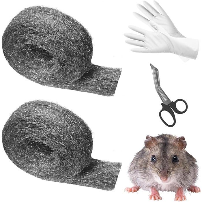 Laine dacier 10m 2 Rouleaux de Laine dacier 0000 Anti Rongeur Lot de Laine dacie Contre Les Rats Ciseaux Gants pour la Maison