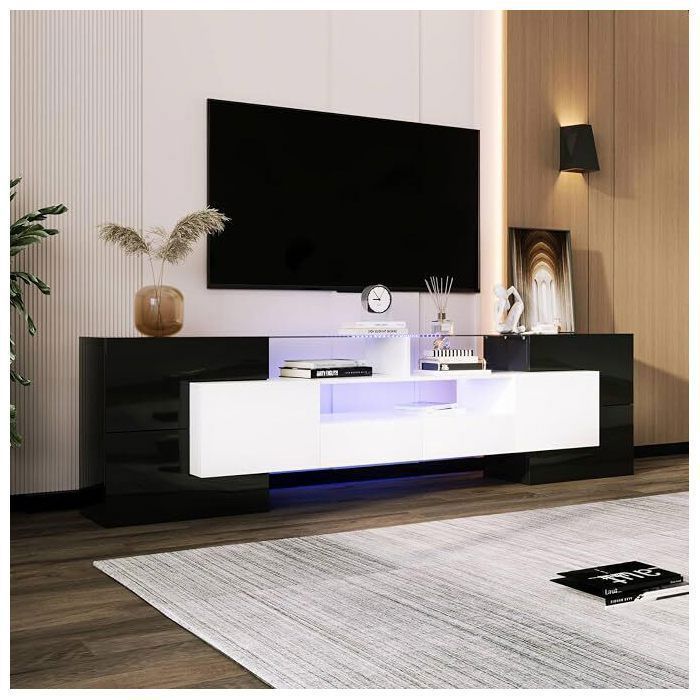 Meuble TV bas de 200 cm Finition ultra-brillante avec éclairage LED 2 tiroirs et 3 compartiments adapté aux salons