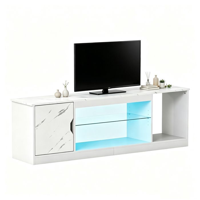 GIANTEX Meuble TV à 65 avec Lumières LED Ajustables Banc TV avec Cabinet à Porte 148X35X53CM Charge 150KG Blanc
