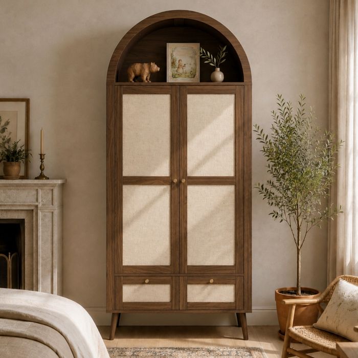 Armoire en Rotin avec 2 Portes et 2 Tiroirs 80x50x180cm Tringle à Vêtements et étagère Ouverte Placard Chambre Style Vintage Noyer