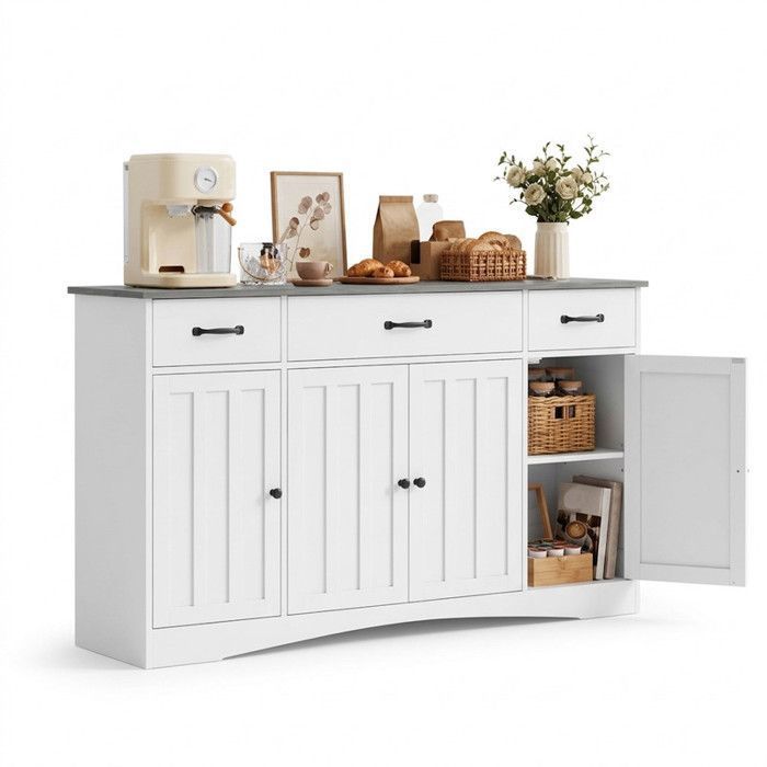 Buffet de Cuisine - Bealife - 3 Tiroirs - 4 Portes - 6 Niveaux - Étagère Réglable - Meuble Bas Rangement - Salon - Gris - 80 cm H