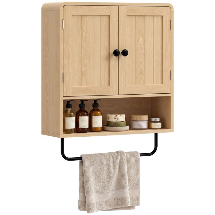 Armoire murale de salle de bain meuble de rangement suspendu avec 2 portes étagère ouverte porte-serviettes chêne